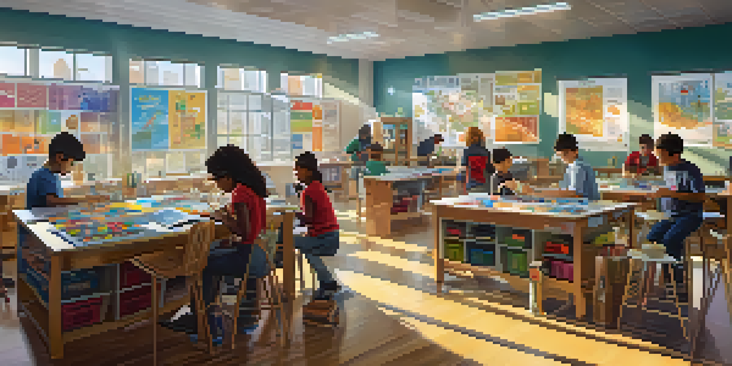 A lively classroom filled with diverse students collaborating on a robotics project, with bright sunlight and educational posters around.