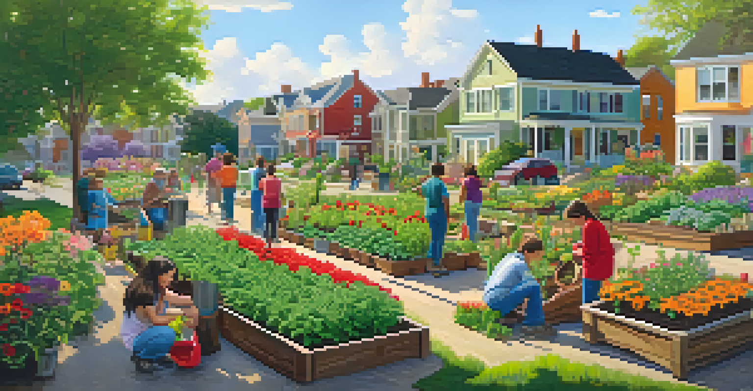 A vibrant community garden with individuals of all ages planting flowers and vegetables, surrounded by blooming plants and a sunny neighborhood in the background.