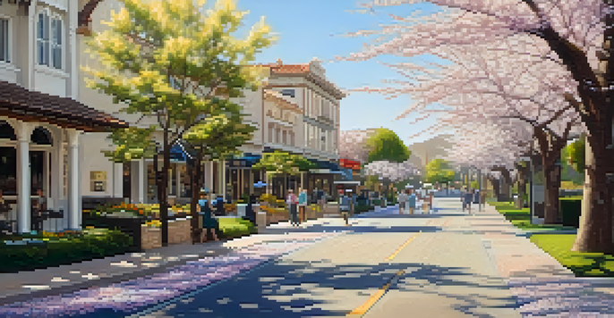 A scenic view of historic downtown Cupertino with vintage buildings and cherry blossom trees under soft sunlight.