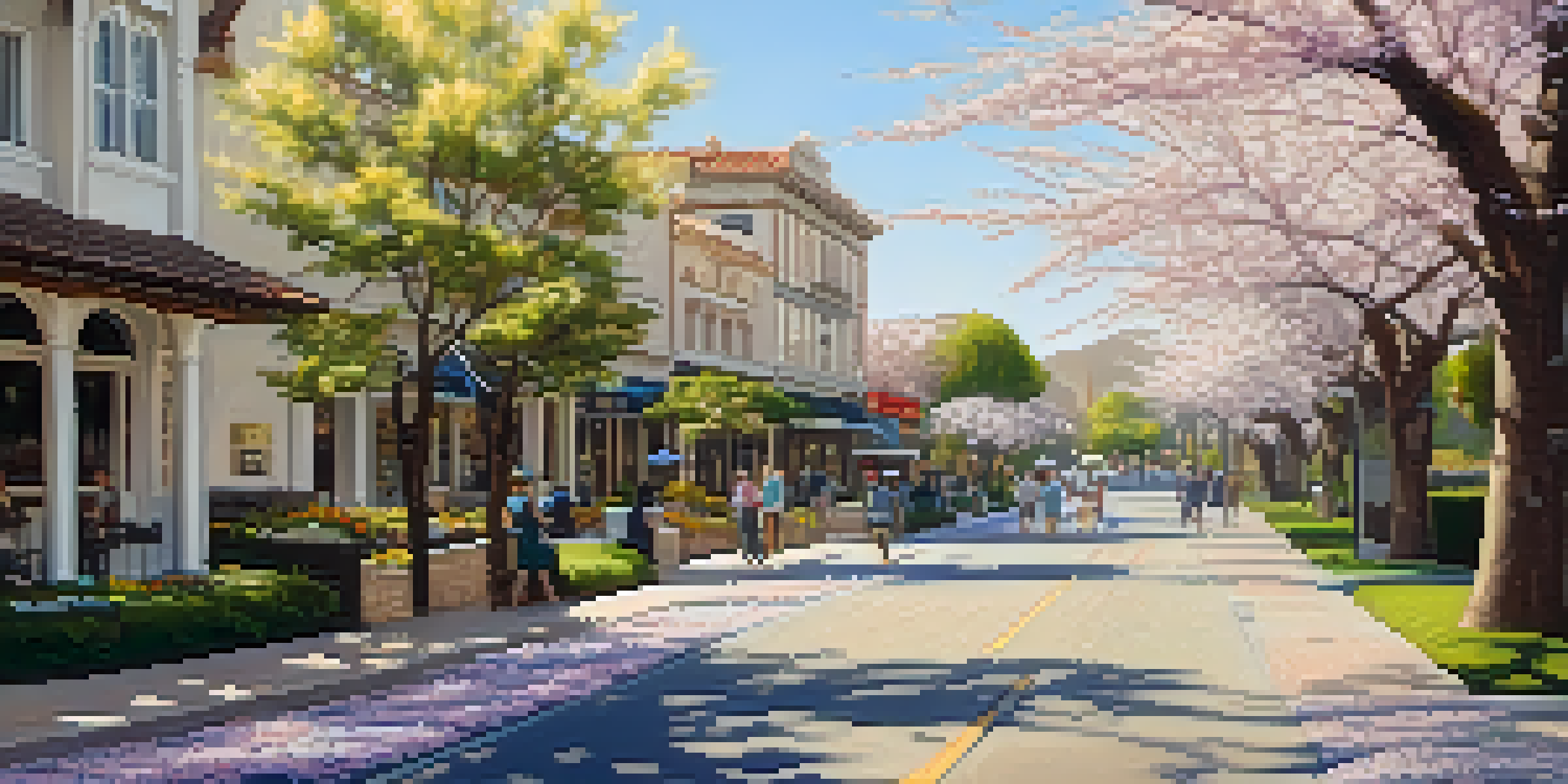 A scenic view of historic downtown Cupertino with vintage buildings and cherry blossom trees under soft sunlight.