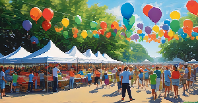 A lively community festival with diverse volunteers setting up colorful stalls under a clear blue sky.
