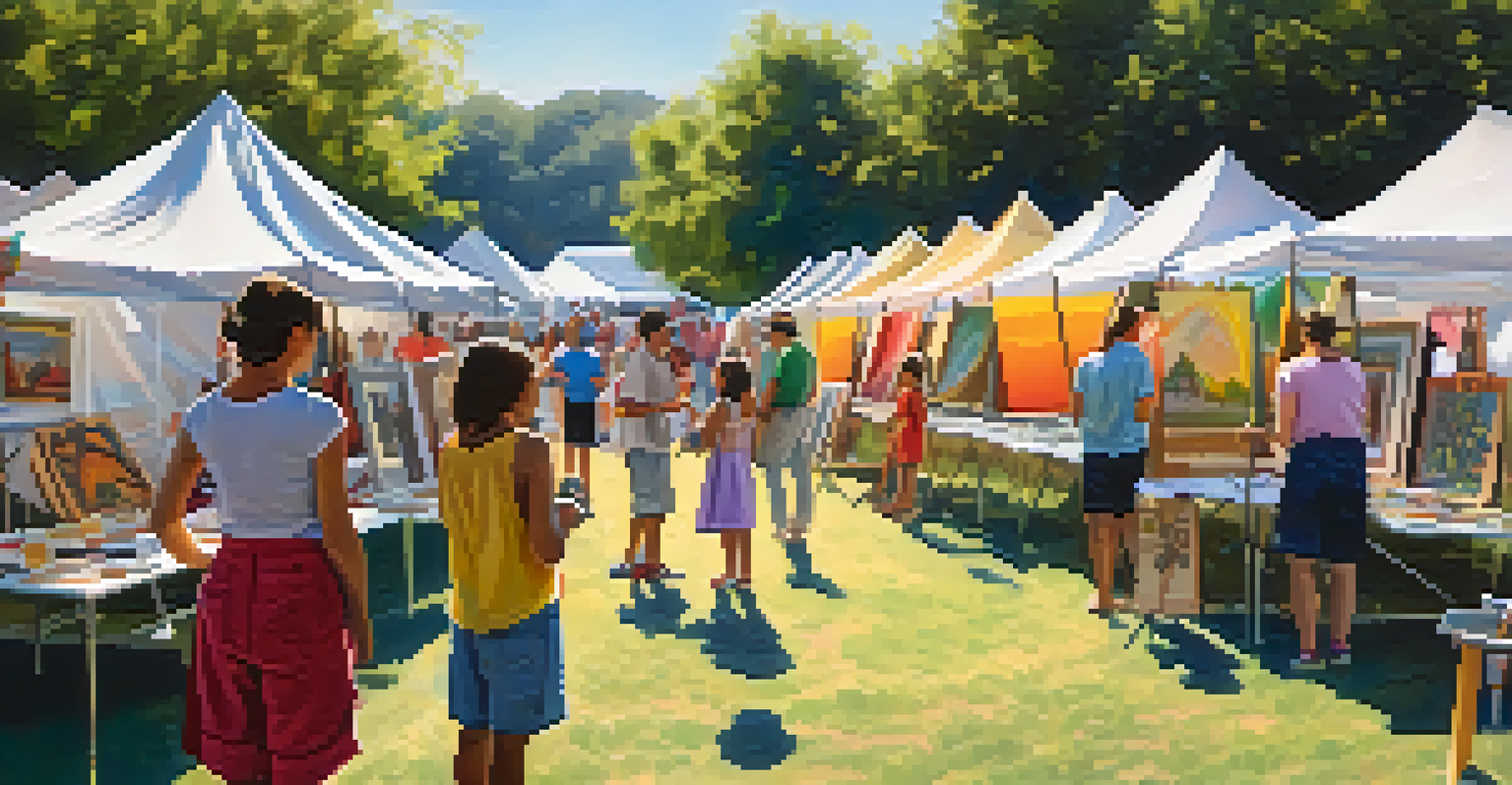 An outdoor art festival with local artists showcasing their work and families engaging in art activities.