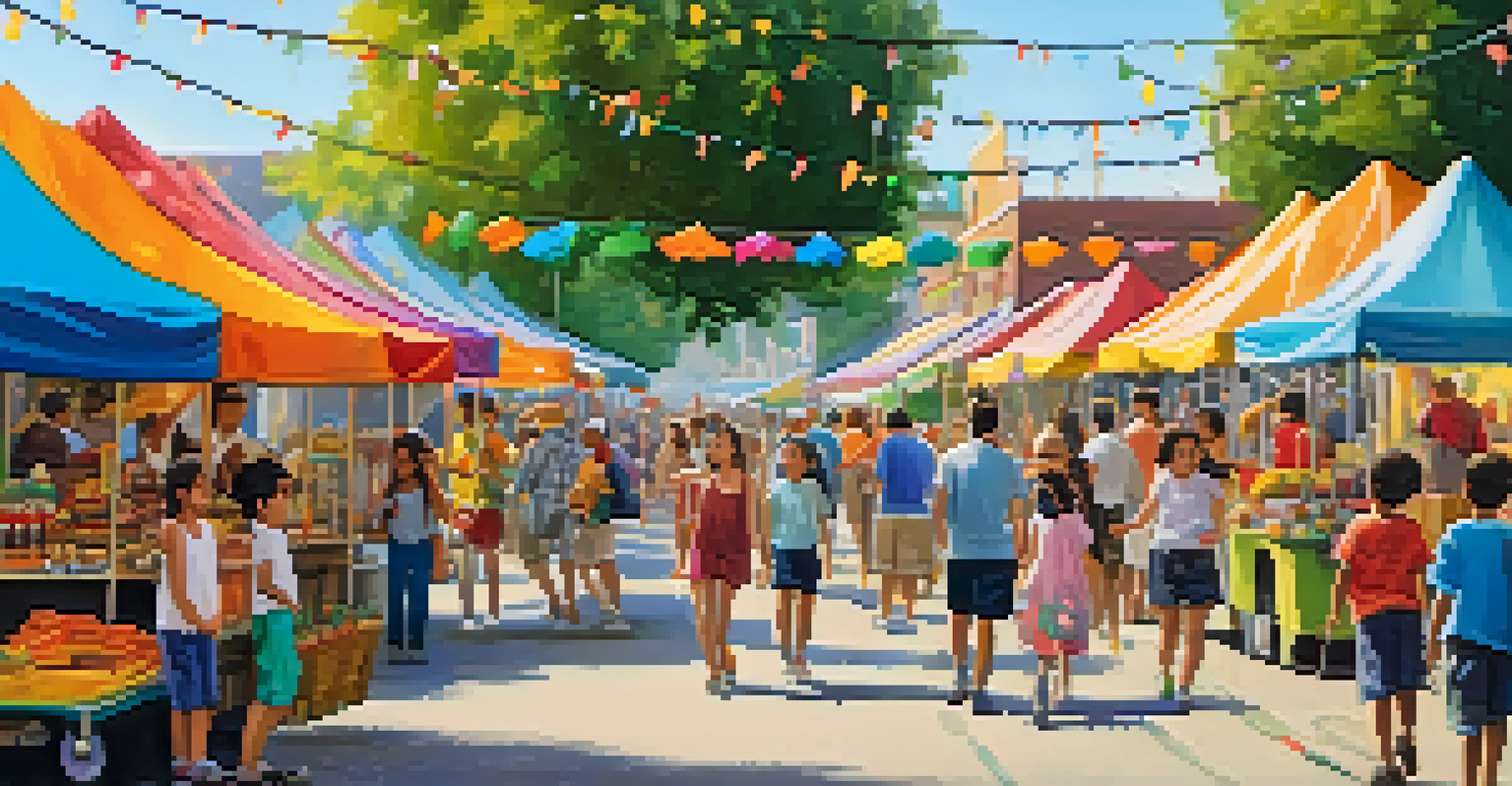 A lively neighborhood festival with families and children enjoying various activities and colorful stalls.