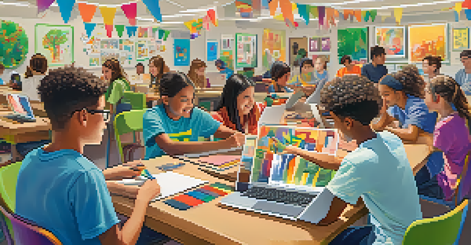 Children at a summer camp collaborating on a digital art project, surrounded by laptops and colorful decorations.