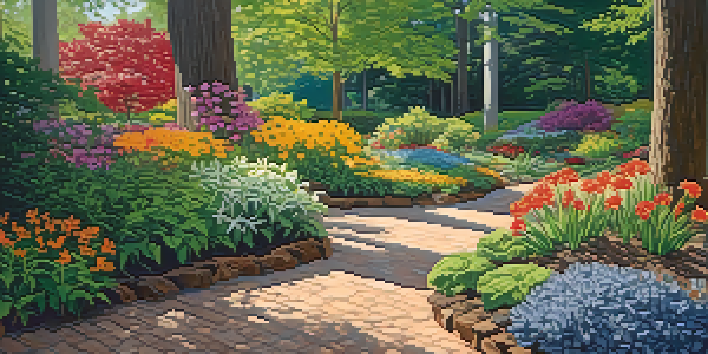 A tranquil garden with different types of organic mulch spread across flower beds, with sunlight creating shadows and colorful flowers in the background.