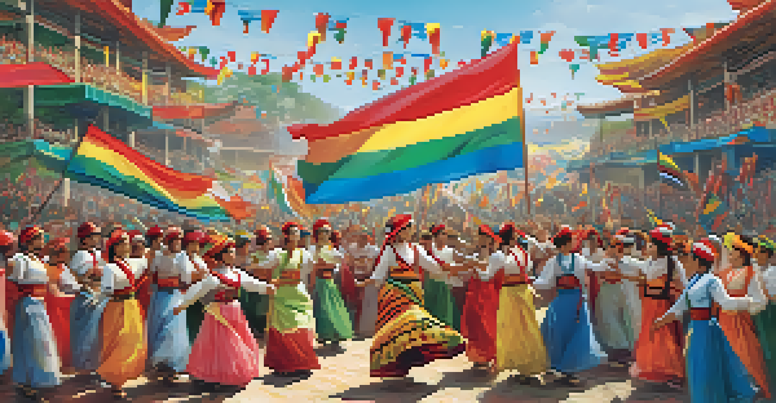 A lively cultural festival with dancers in vibrant costumes performing in front of an enthusiastic audience.