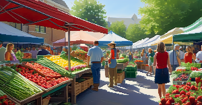 A lively farmers market in spring filled with fresh strawberries, asparagus, and herbs under bright sunlight, with people shopping and interacting with farmers.