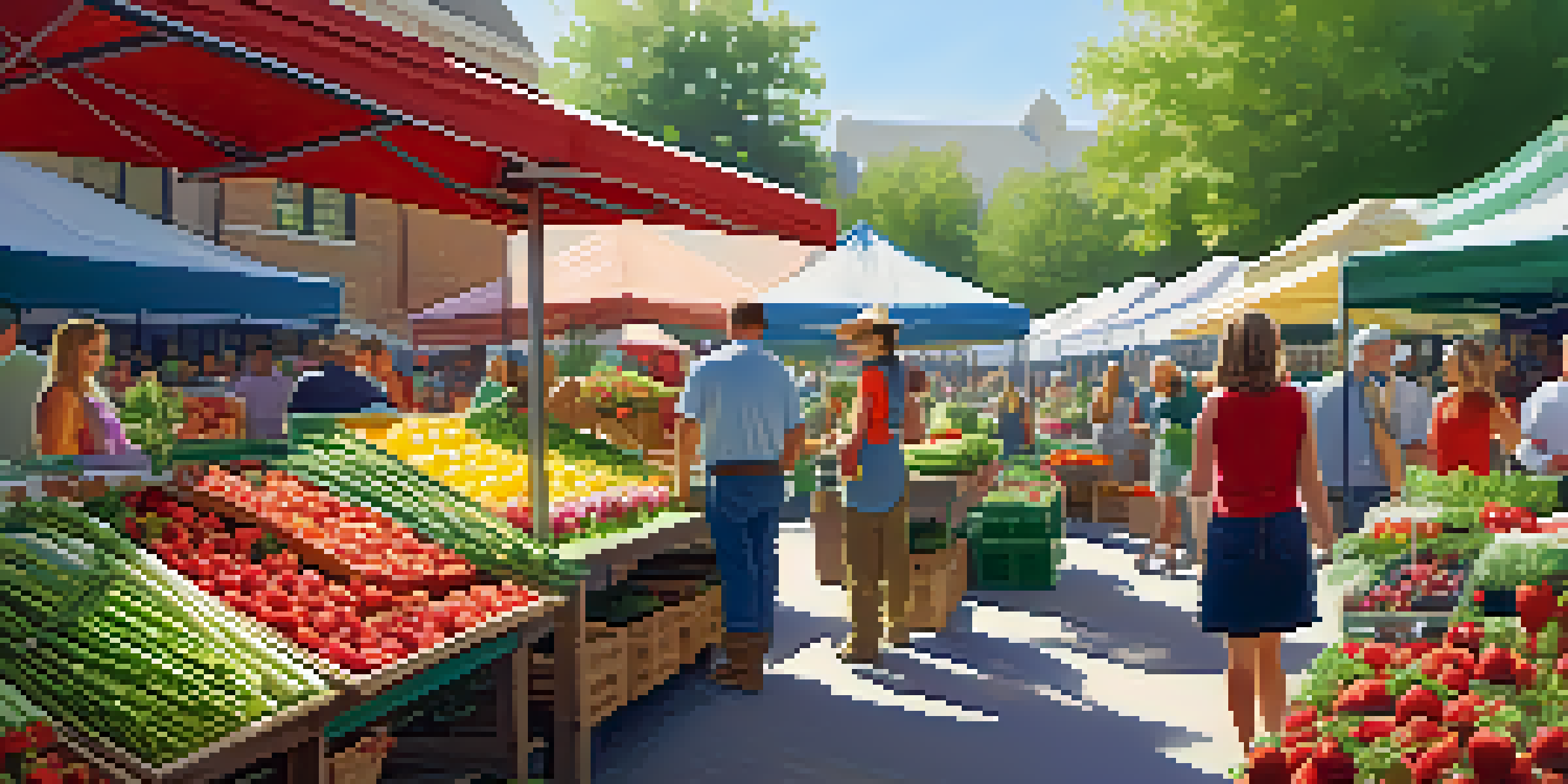 A lively farmers market in spring filled with fresh strawberries, asparagus, and herbs under bright sunlight, with people shopping and interacting with farmers.