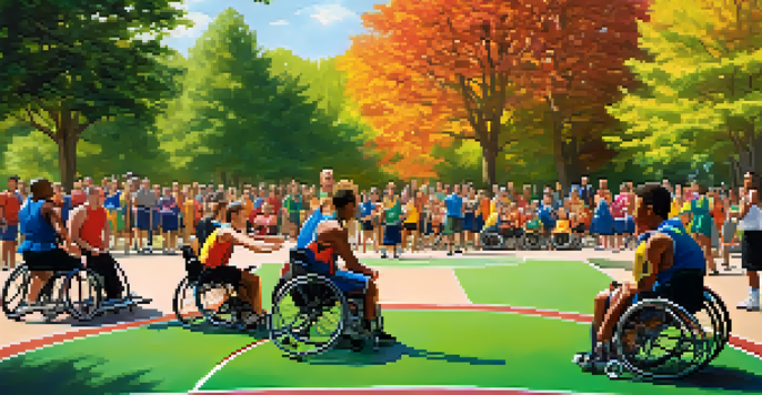 A diverse group of individuals playing wheelchair basketball in a sunny park, surrounded by spectators and greenery.