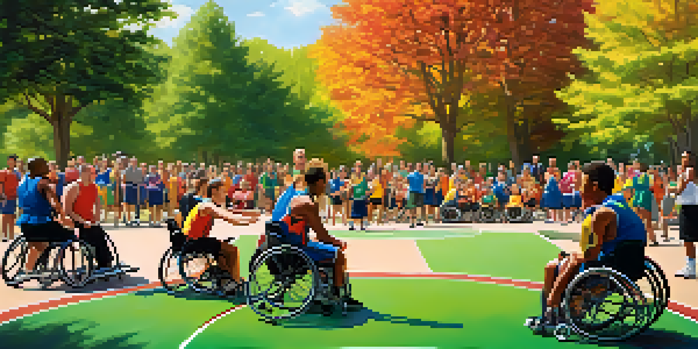 A diverse group of individuals playing wheelchair basketball in a sunny park, surrounded by spectators and greenery.