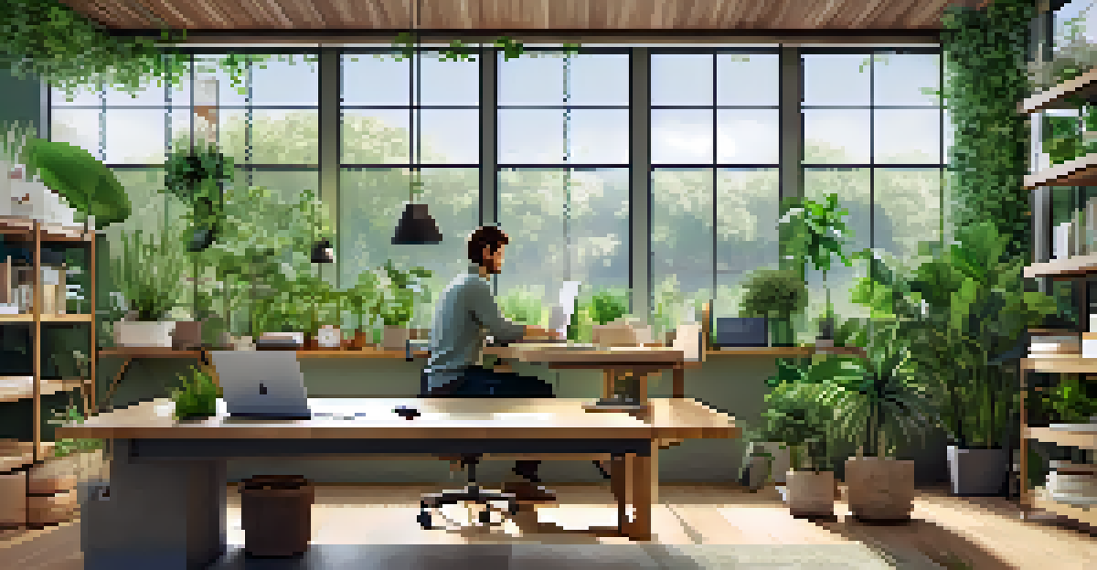 An eco-friendly office with wooden furniture, plants, and a person working on a laptop.