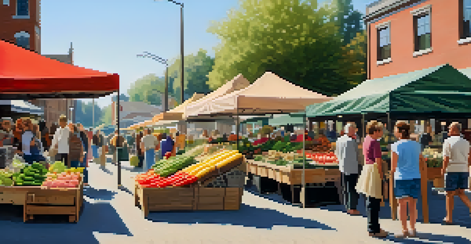 A busy farmers' market with colorful stalls and shoppers enjoying fresh produce and crafts.
