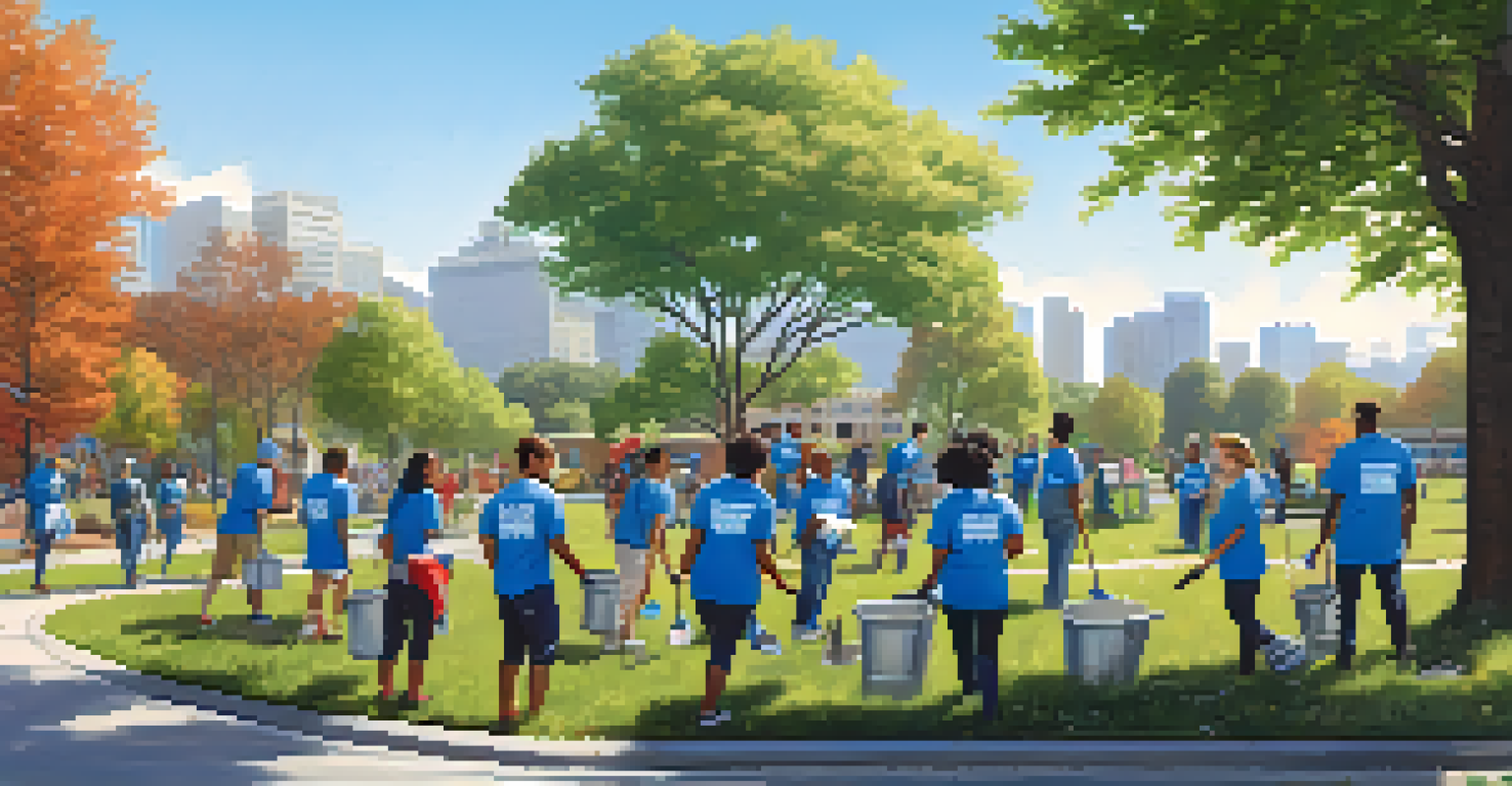 Volunteers from a local sports team working together in a community clean-up event in a park.
