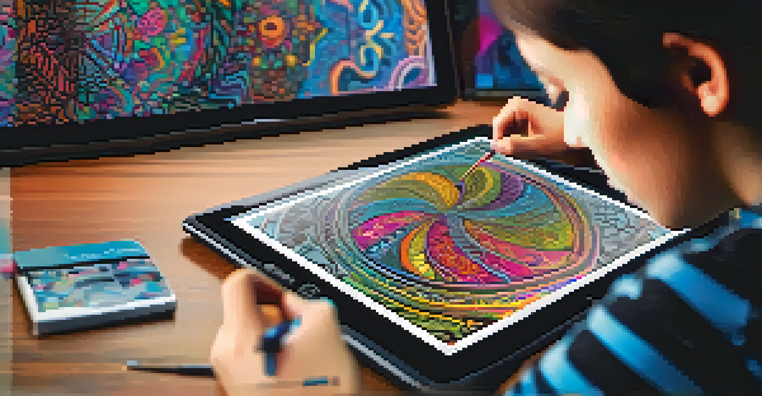 A student working intently on a digital tablet, creating colorful graphic designs.