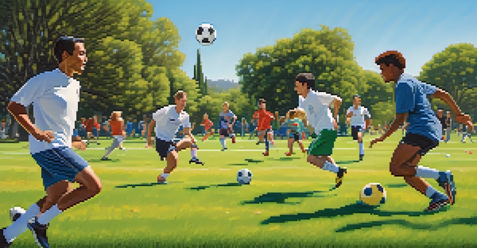 A diverse group of adults playing soccer in a sunny park, showing joy and concentration as they engage in the game.