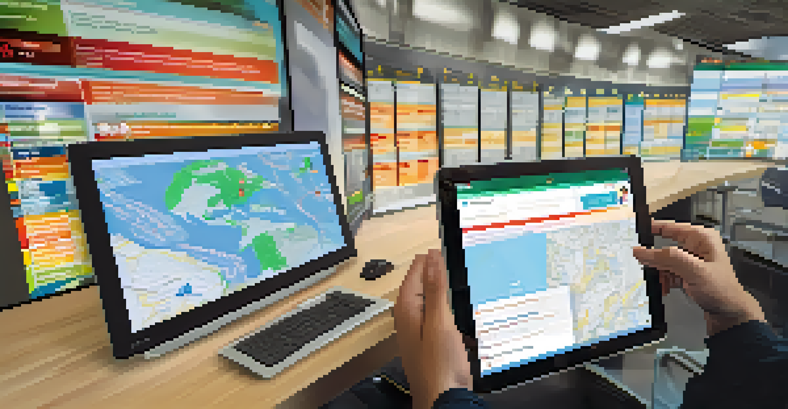 An online dashboard showing real-time emergency alerts with colorful graphs and maps, while a person interacts with the technology.