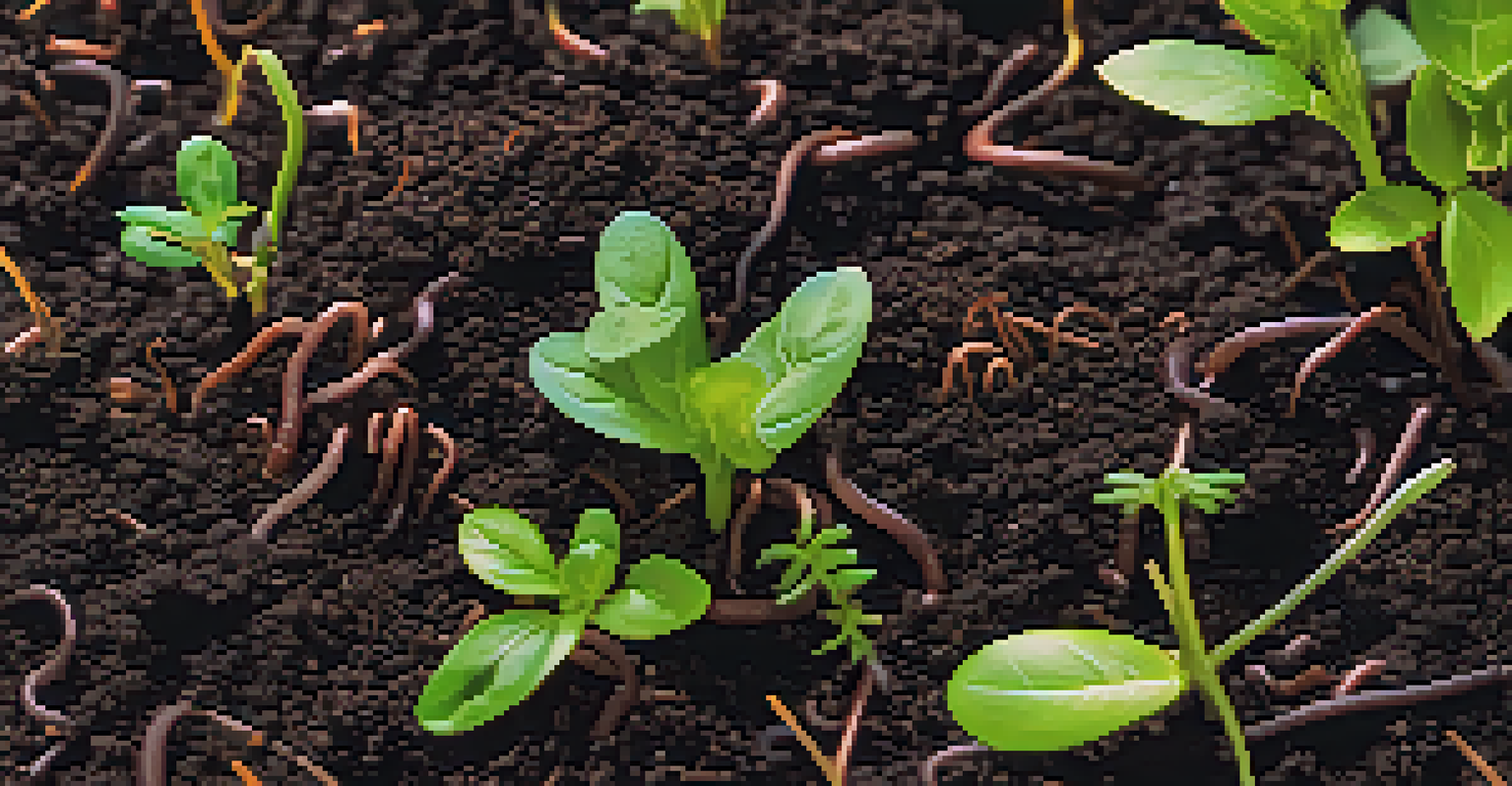 A close-up view of healthy, rich soil with compost and seedlings, illuminated by soft sunlight.