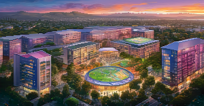 A colorful sunset over a modern city, featuring glass buildings and parks with people, depicting technology with drones in the sky.