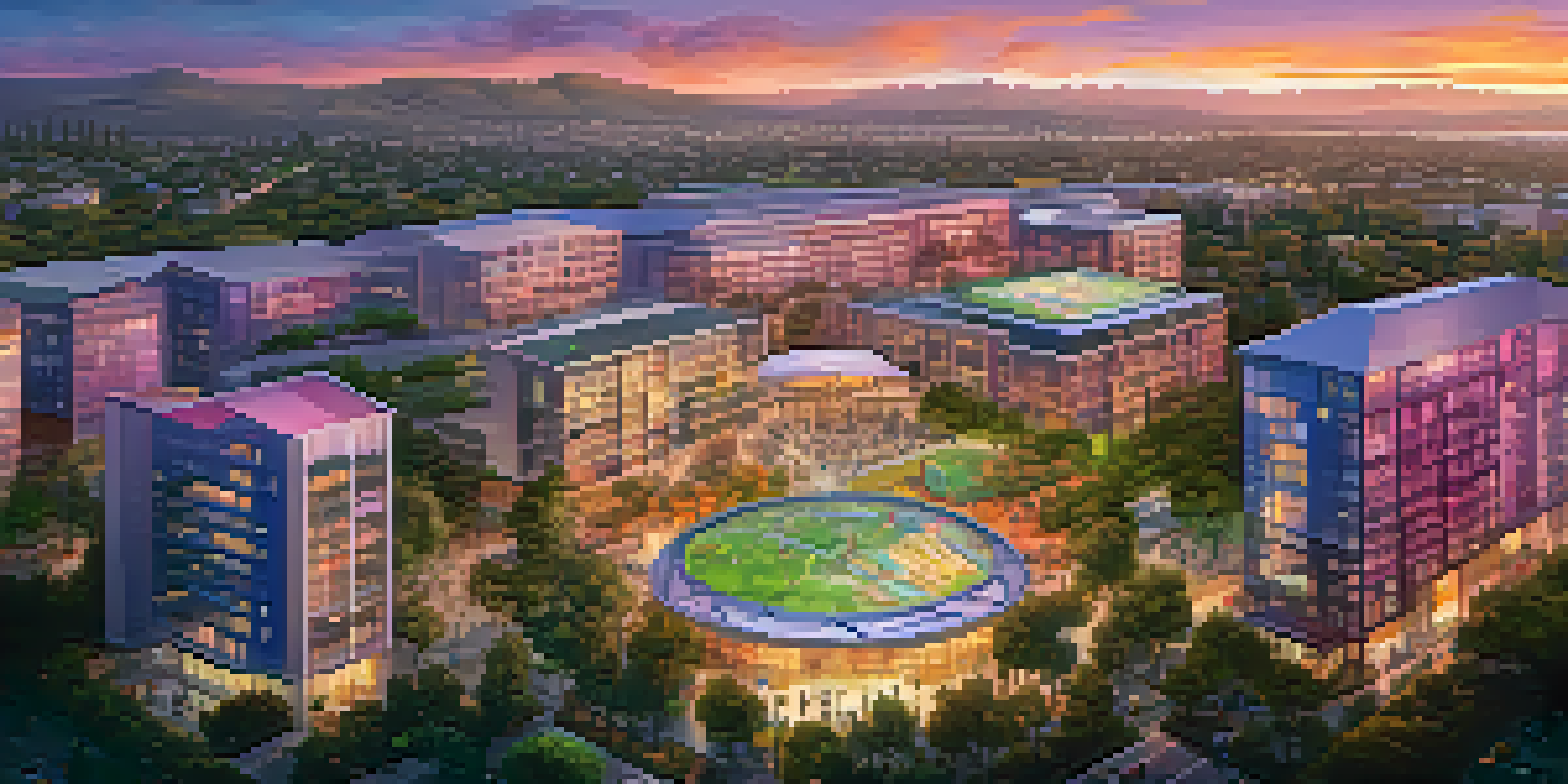 A colorful sunset over a modern city, featuring glass buildings and parks with people, depicting technology with drones in the sky.