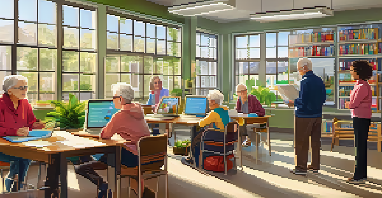 Seniors participating in a digital literacy workshop at a library, with a young instructor helping them.