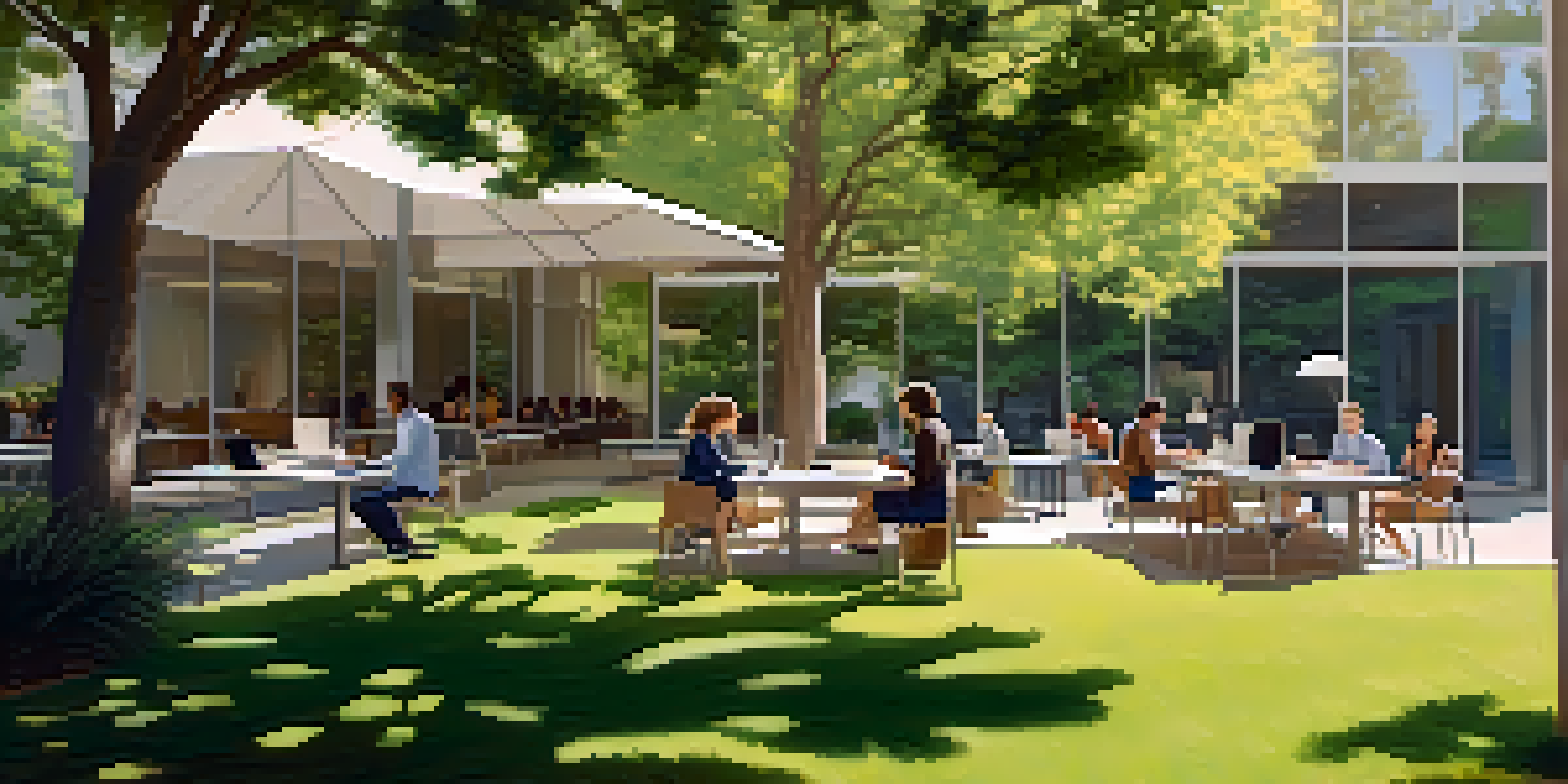 An outdoor workplace in Cupertino with employees working on laptops under trees, surrounded by modern buildings and greenery.