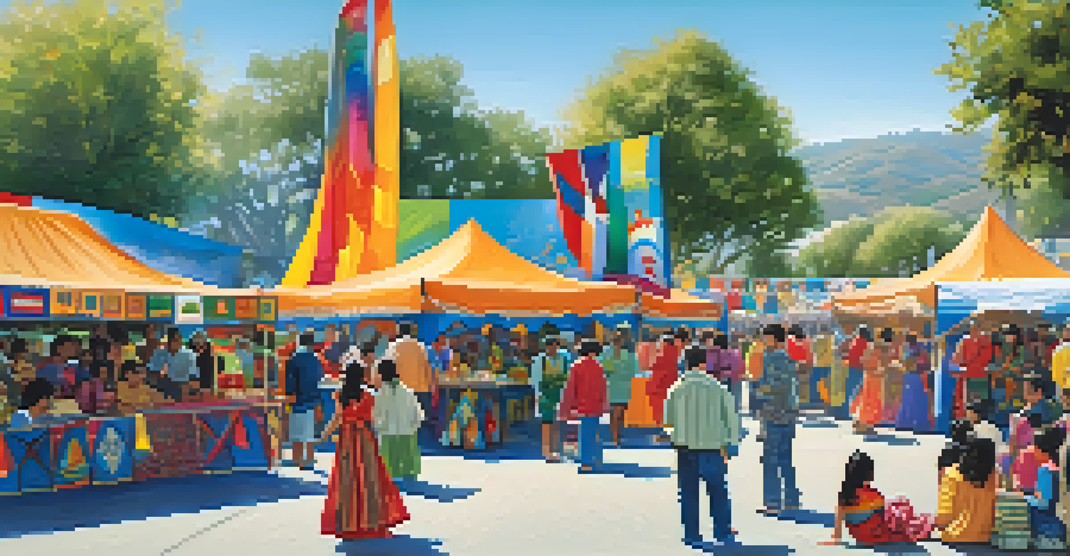 An outdoor cultural festival in Cupertino with colorful booths, residents dancing, and families enjoying multicultural food under a blue sky.