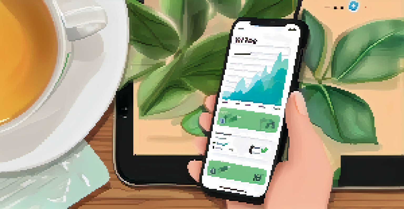 A person using a smartphone to track health information on an app, with a cozy living space in the background.