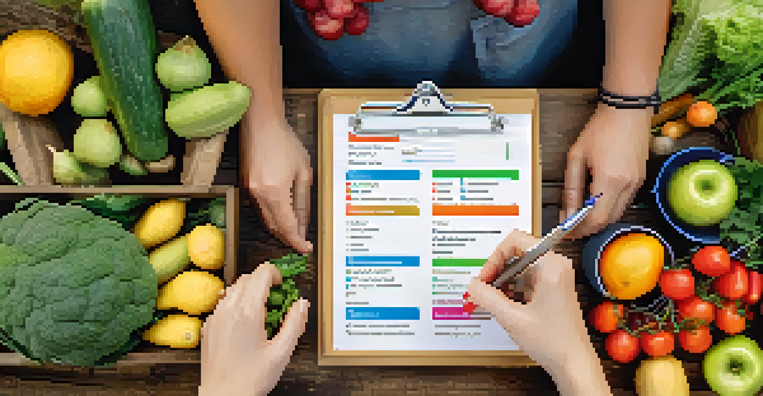 Close-up of hands holding a clipboard with survey responses, surrounded by fresh fruits and vegetables on a wooden table, with a community garden in the background.
