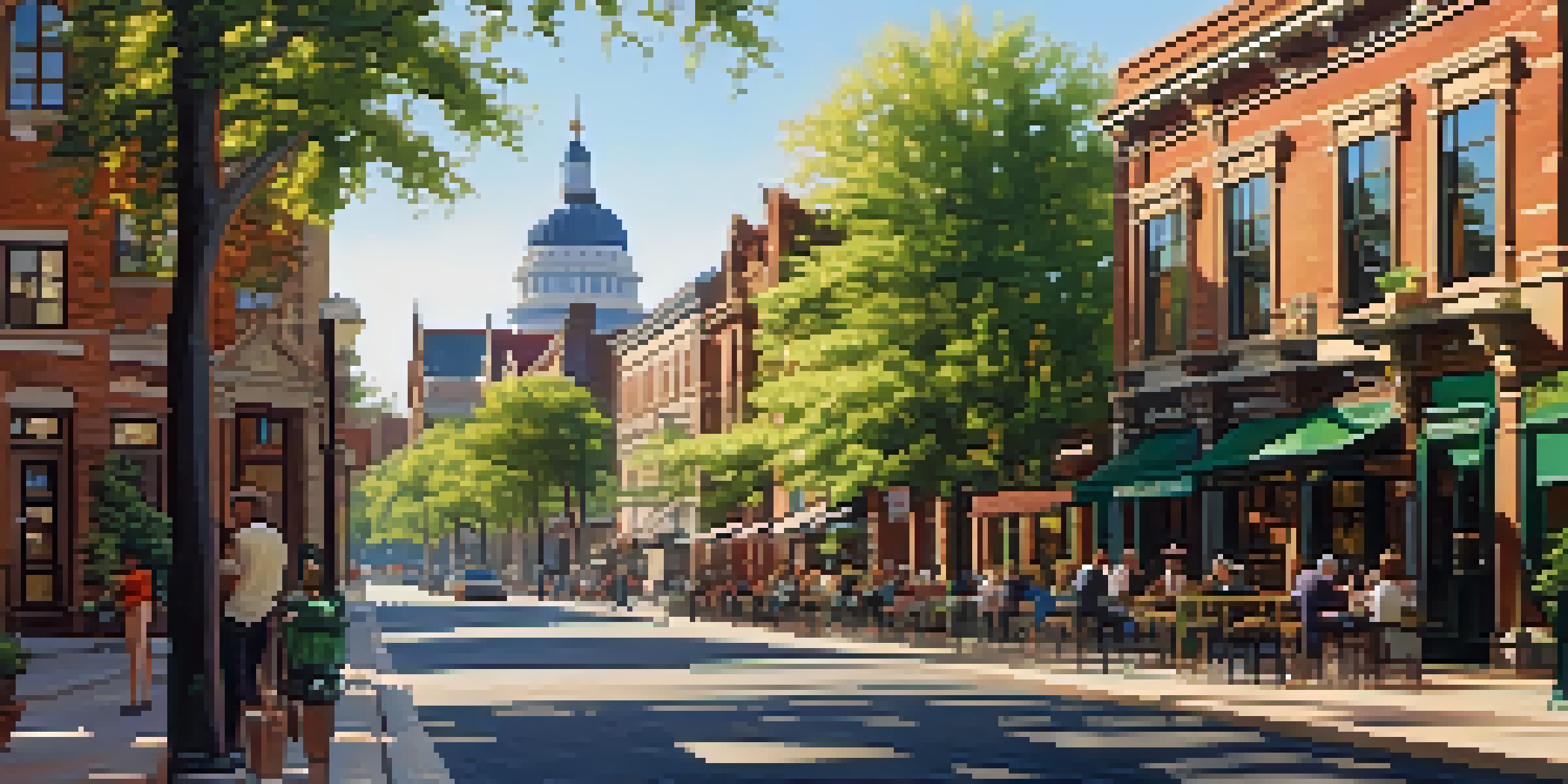 A charming urban street featuring a restored historical building alongside modern shops and cafes, illuminated by warm afternoon light.