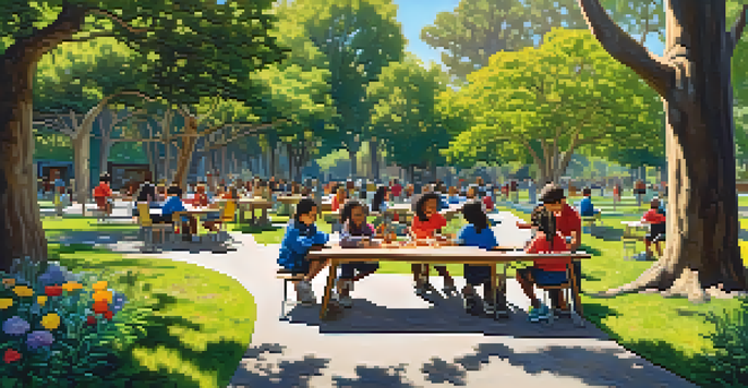 Students of diverse backgrounds are engaged in a hands-on nature activity in a lush green park, learning about ecosystems with sunlight filtering through the trees.