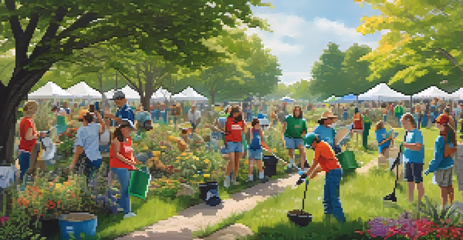 Volunteers of different ages participating in a community cleanup event, planting native plants and educating each other in a sunlit park.