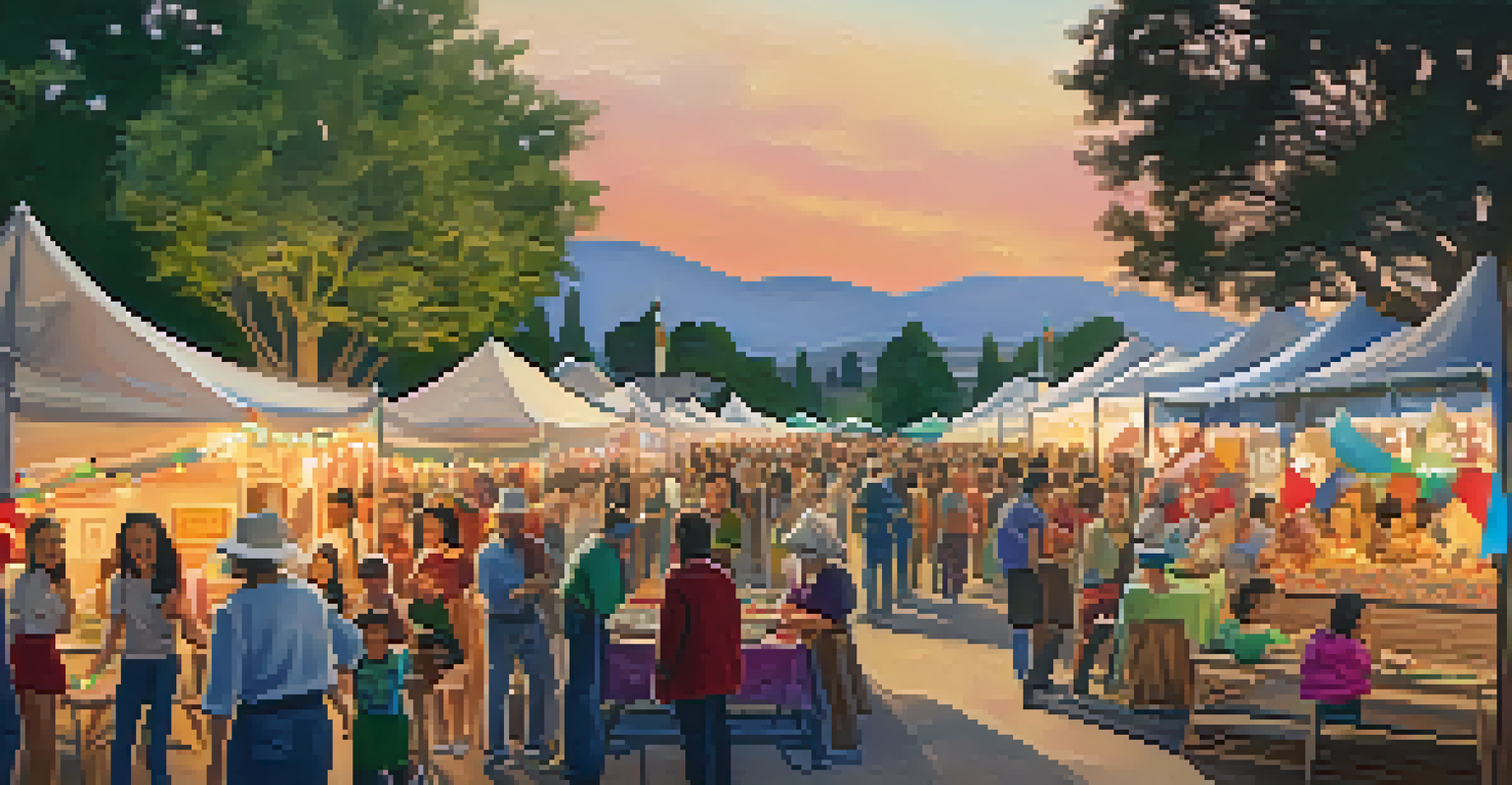 A lively community festival in Cupertino featuring booths with local artisans, families enjoying activities, and colorful decorations at sunset.