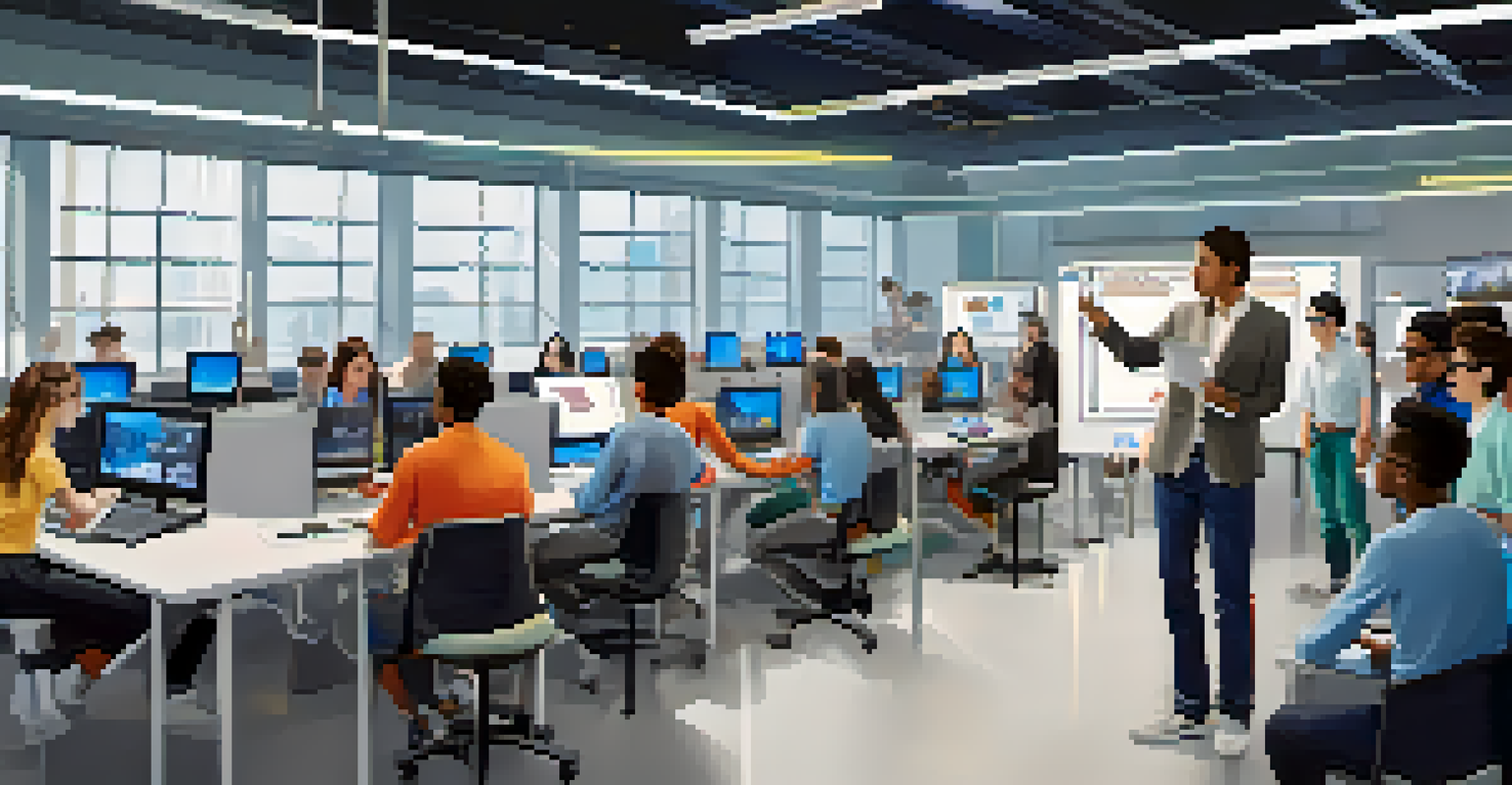 A tech professional mentoring students in a modern lab setting filled with high-tech equipment.