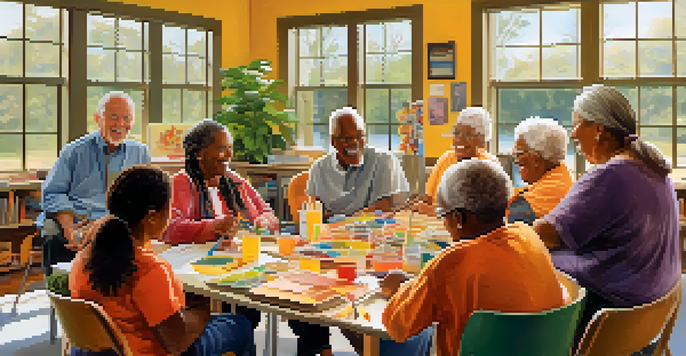 A diverse group of older adults and children engaged in a creative activity together, surrounded by art supplies in a bright community center.