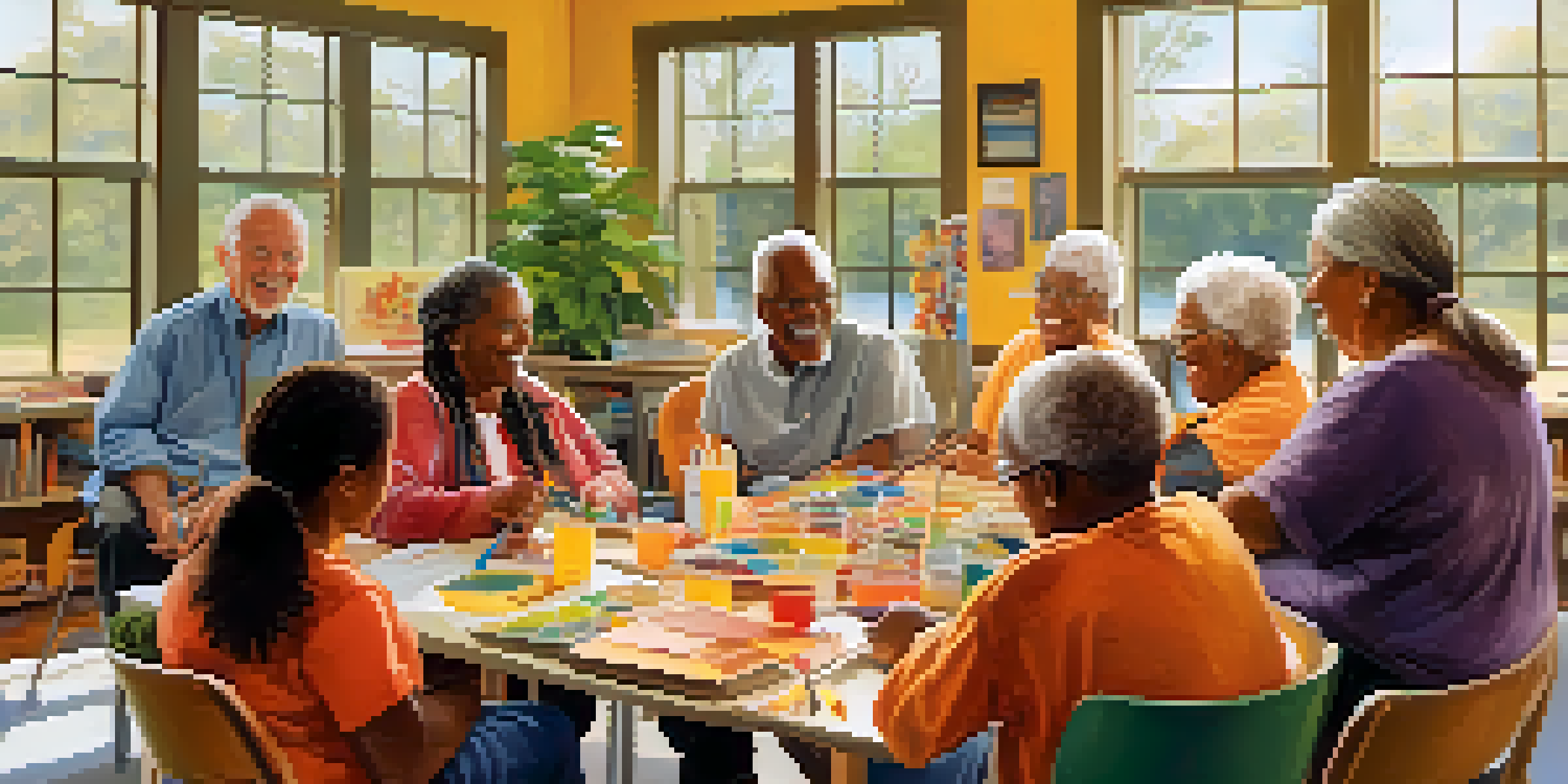 A diverse group of older adults and children engaged in a creative activity together, surrounded by art supplies in a bright community center.