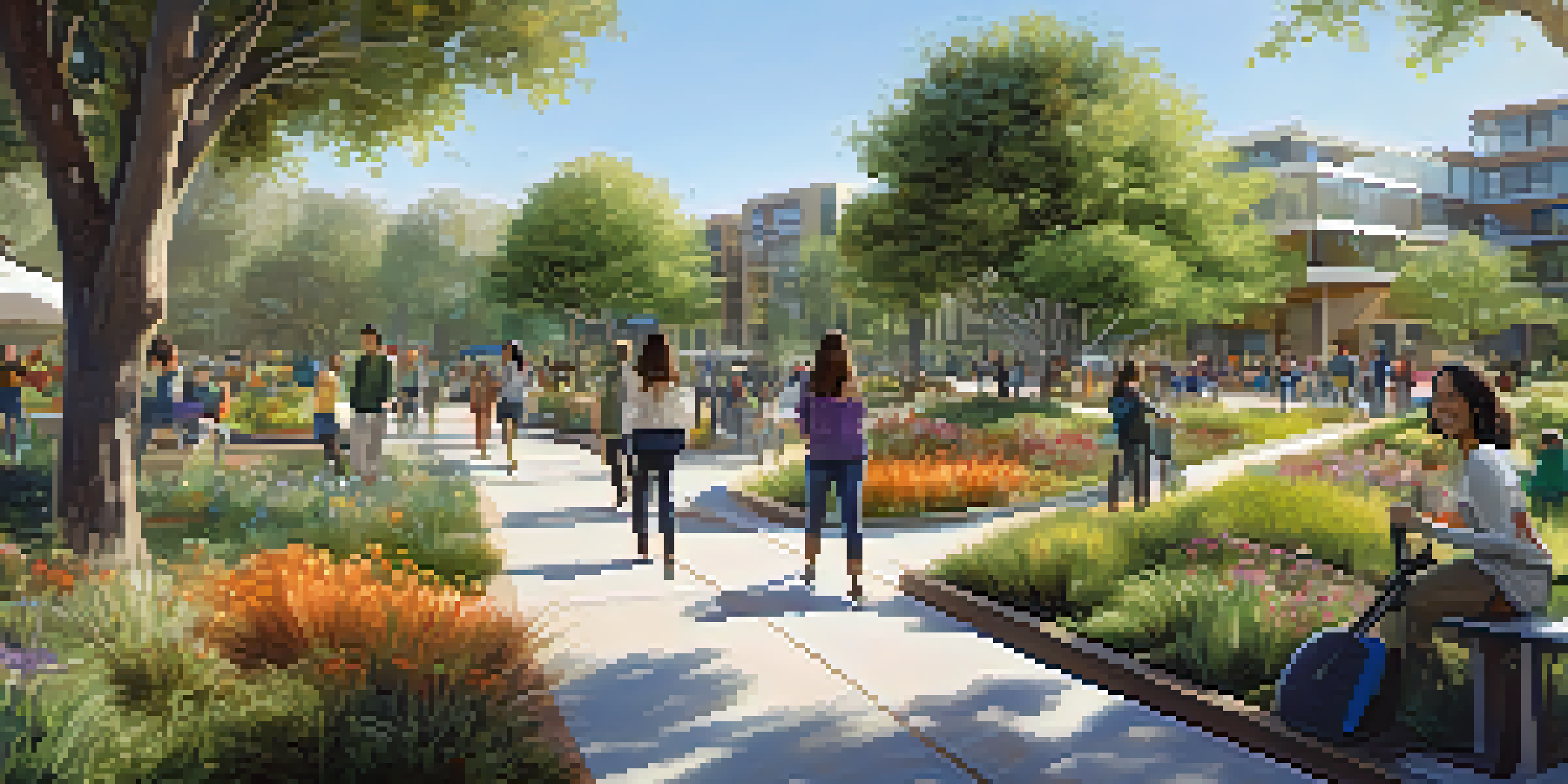 A lively urban park in Cupertino with greenery, native plants, and people gardening and walking, alongside modern buildings with solar panels.