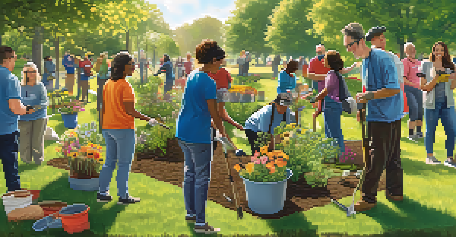 A community volunteer event in a park, with residents of all ages planting trees and flowers together, showcasing teamwork and collaboration under a sunny sky.