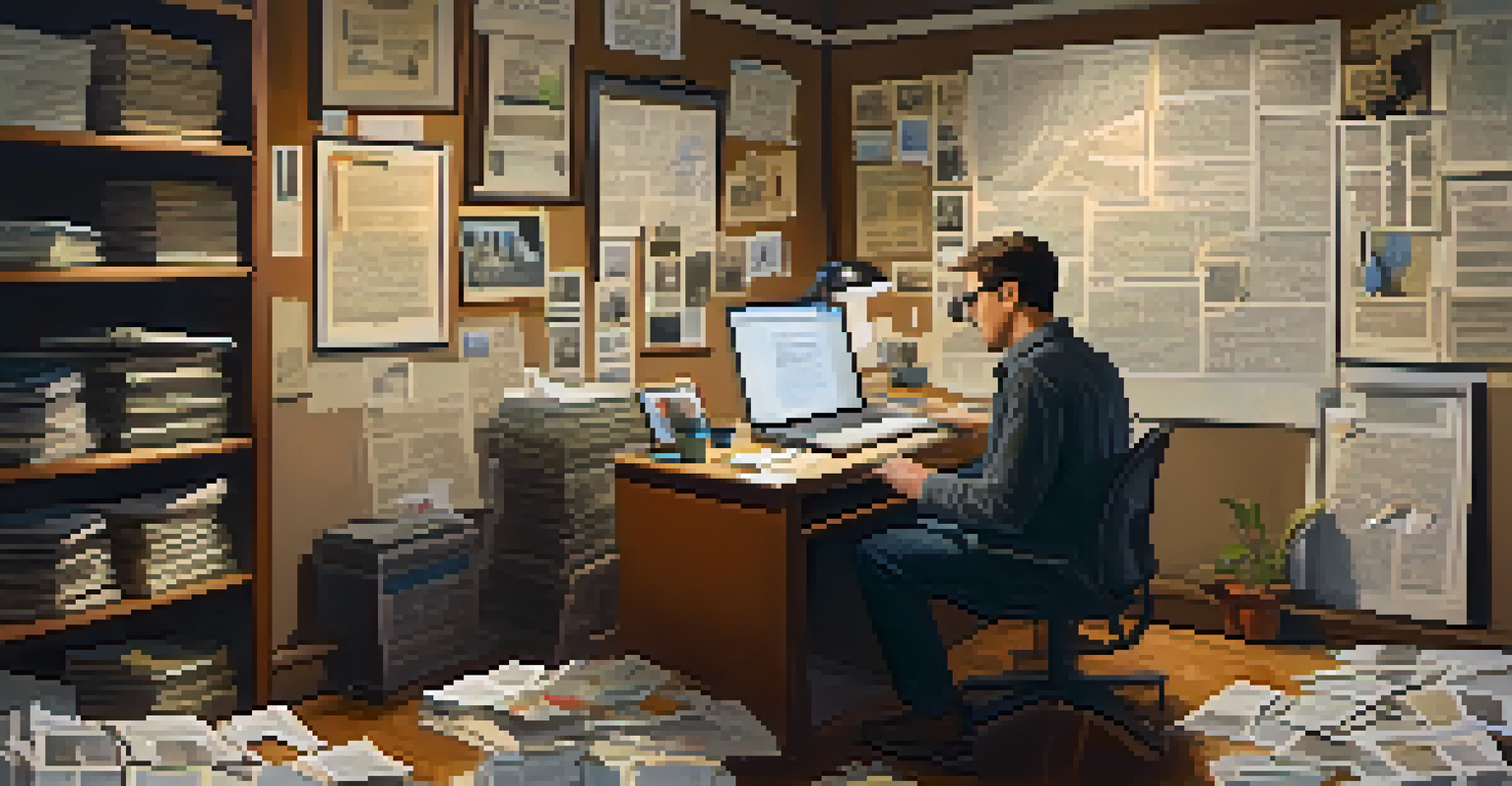 A journalist working in an office filled with notes and newspaper clippings, concentrating on a laptop.