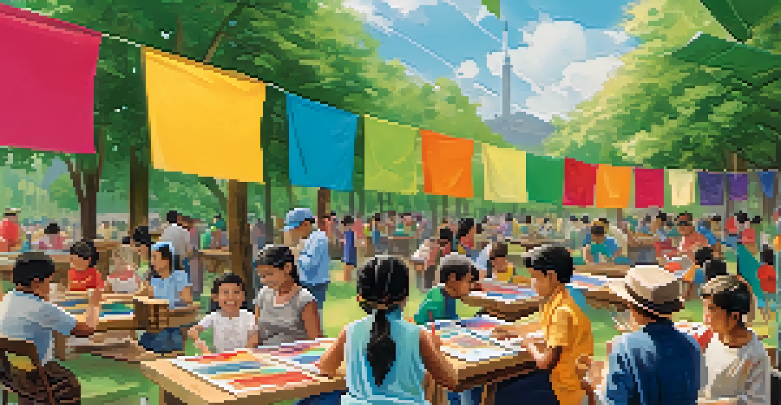 Families engaged in a traditional craft-making workshop in a park, surrounded by colorful banners and art supplies.