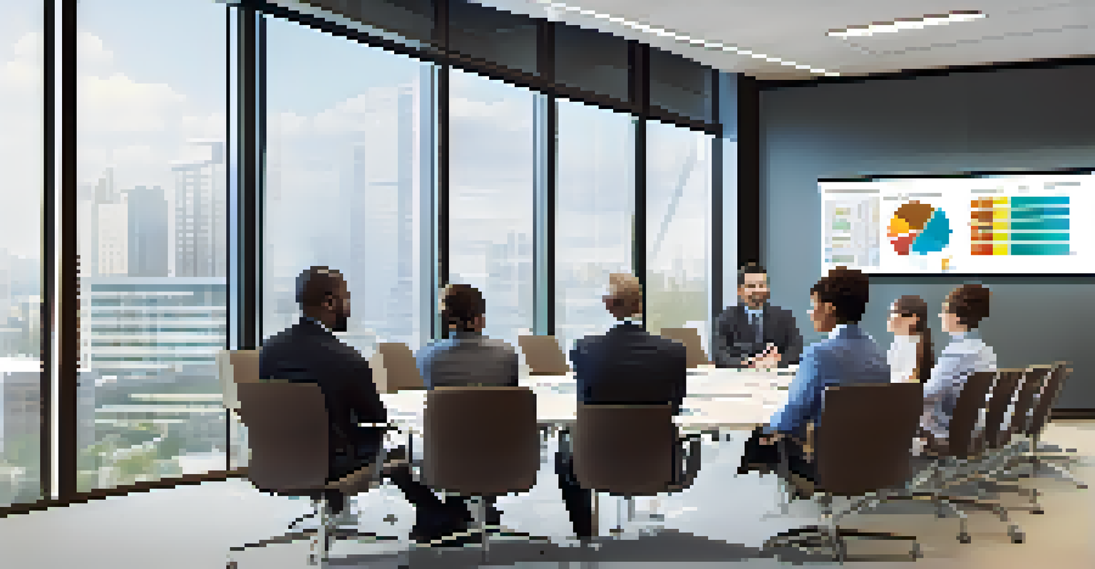 A group of professionals in a bright meeting room, discussing workforce development strategies with charts displayed on screens.
