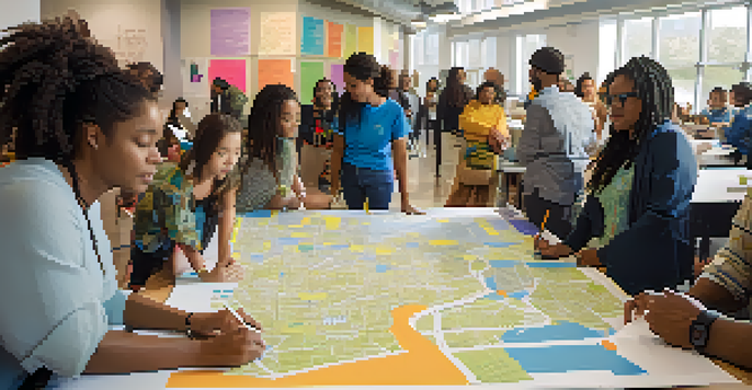 A group of diverse residents participating in an urban planning workshop, discussing over a large neighborhood map in a well-lit community center with plants and urban design posters.