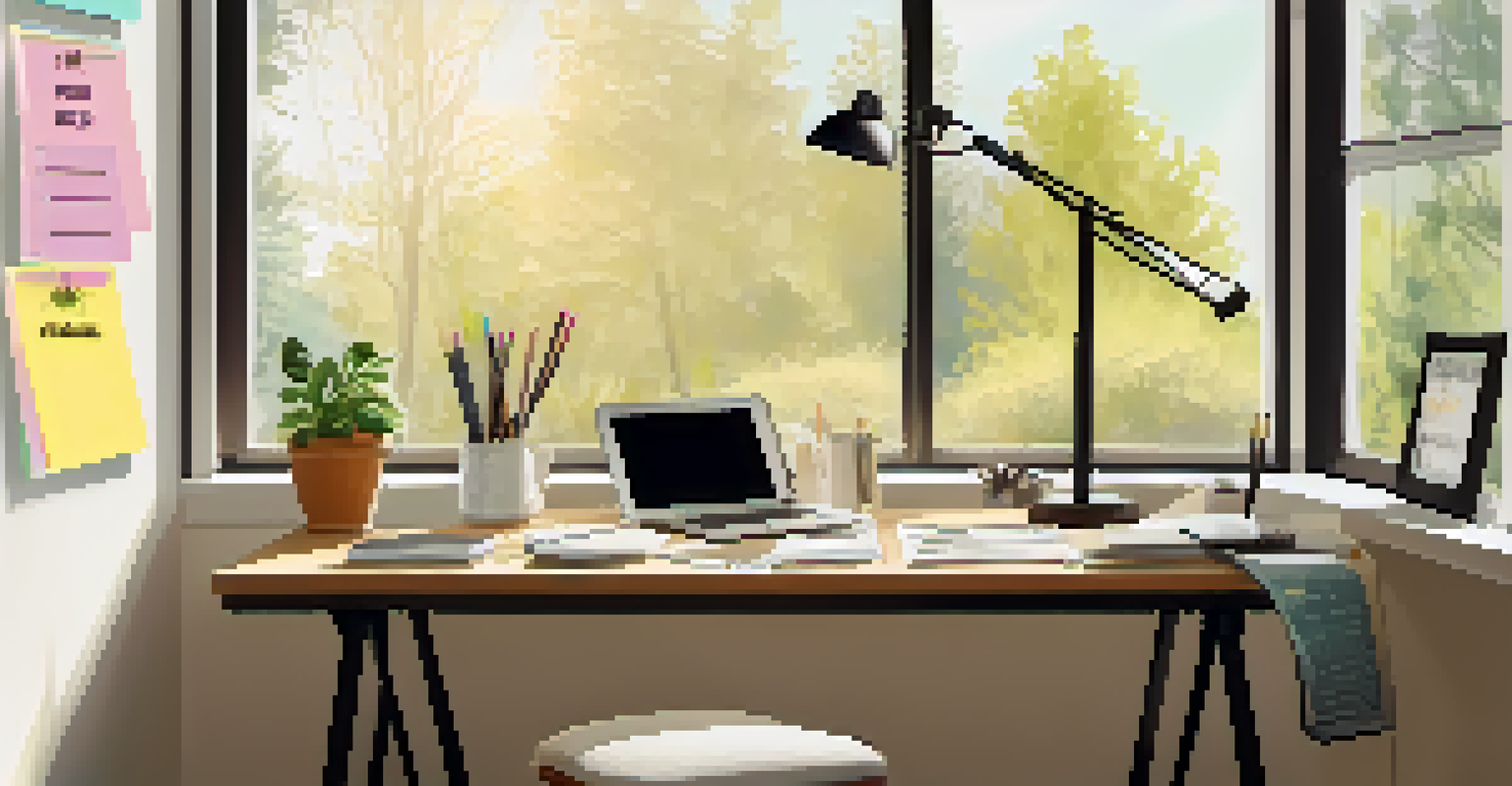 An organized and well-lit workspace with a laptop, planner, and motivational quotes on sticky notes, with a view of nature outside.