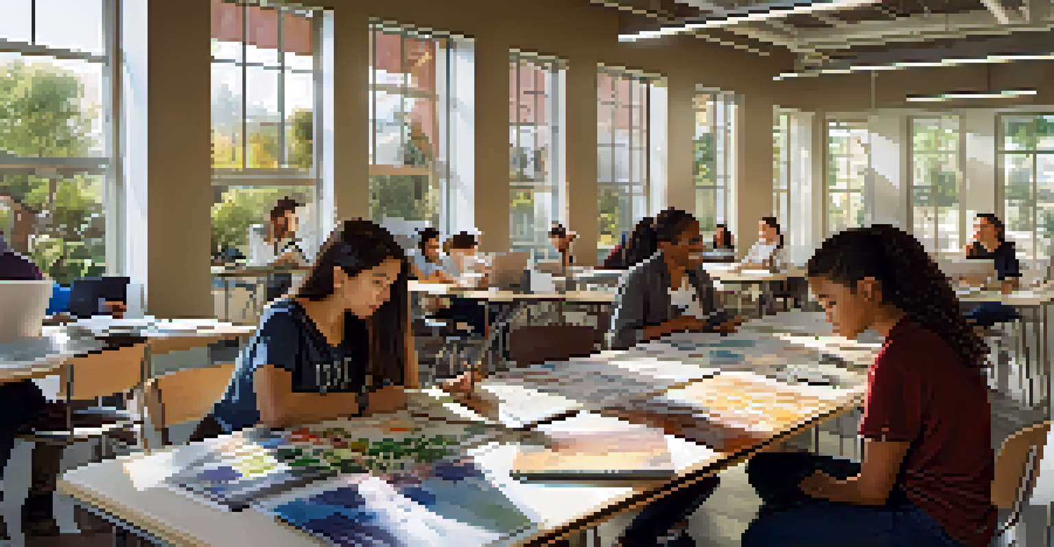 Students collaborating on a project in a bright classroom setting at De Anza College, showcasing diversity and creativity.