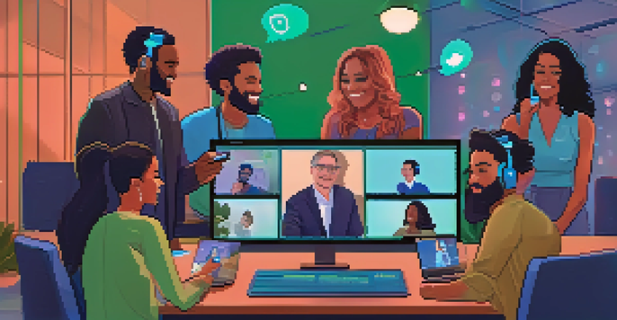 A lively virtual networking event with people from different backgrounds talking over video calls, with a digital interface showing chat bubbles and shared screens.