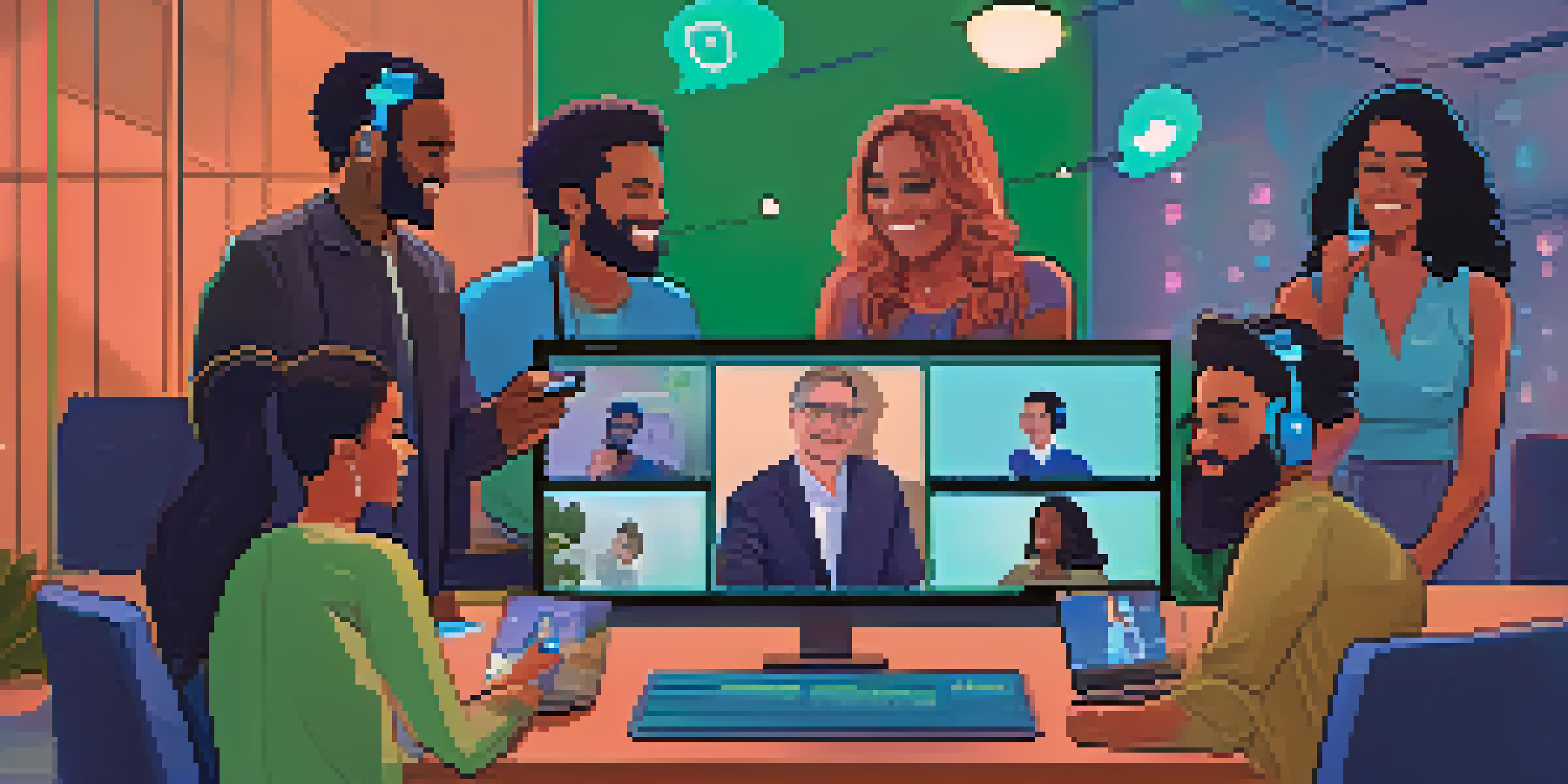 A lively virtual networking event with people from different backgrounds talking over video calls, with a digital interface showing chat bubbles and shared screens.