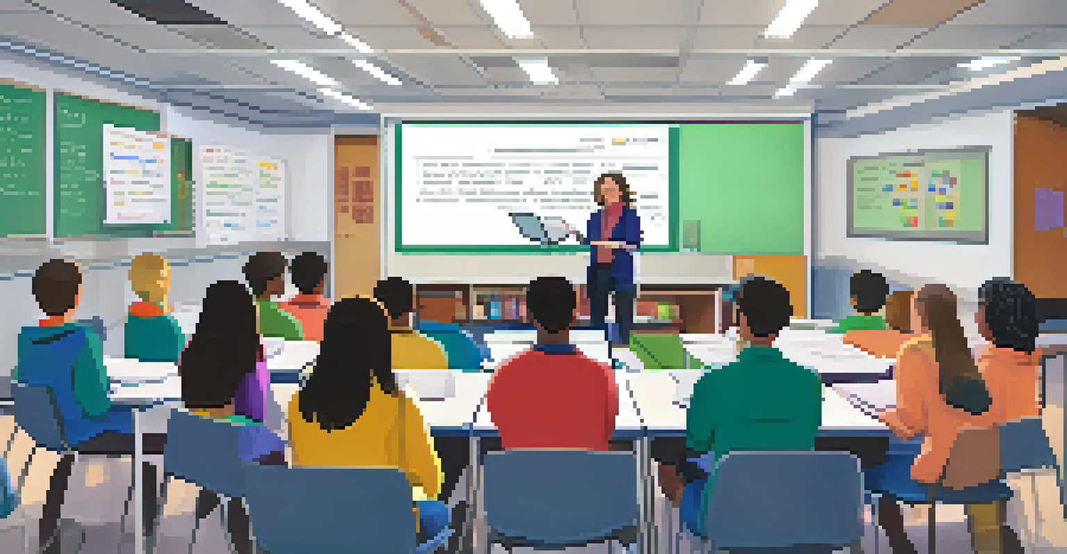 A teacher showing coding on a laptop to students in a modern classroom filled with educational materials.