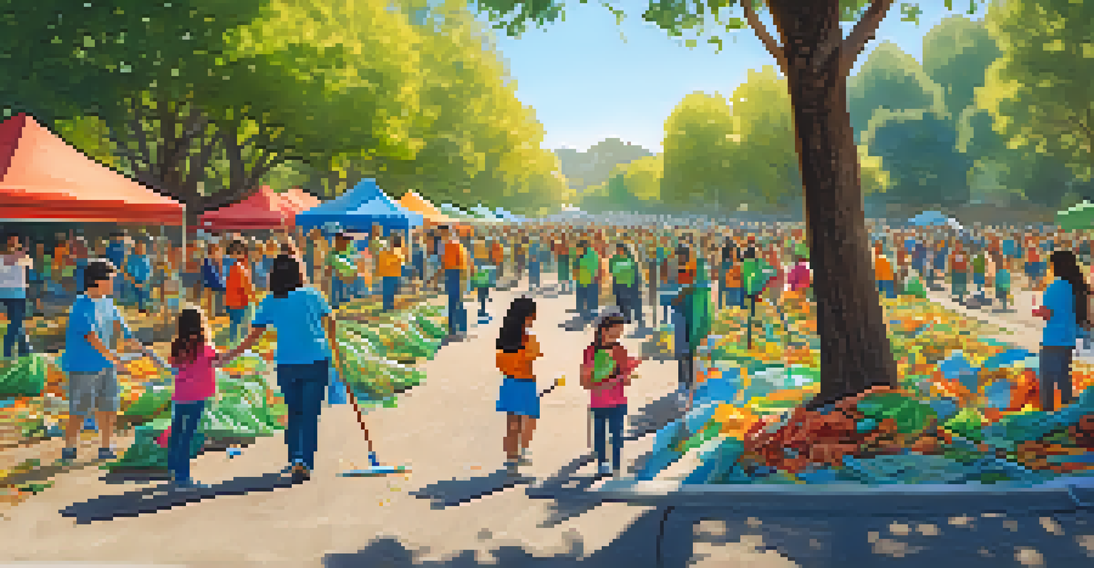 Volunteers participating in a community clean-up event in Cupertino, surrounded by trees and colorful sustainability banners.