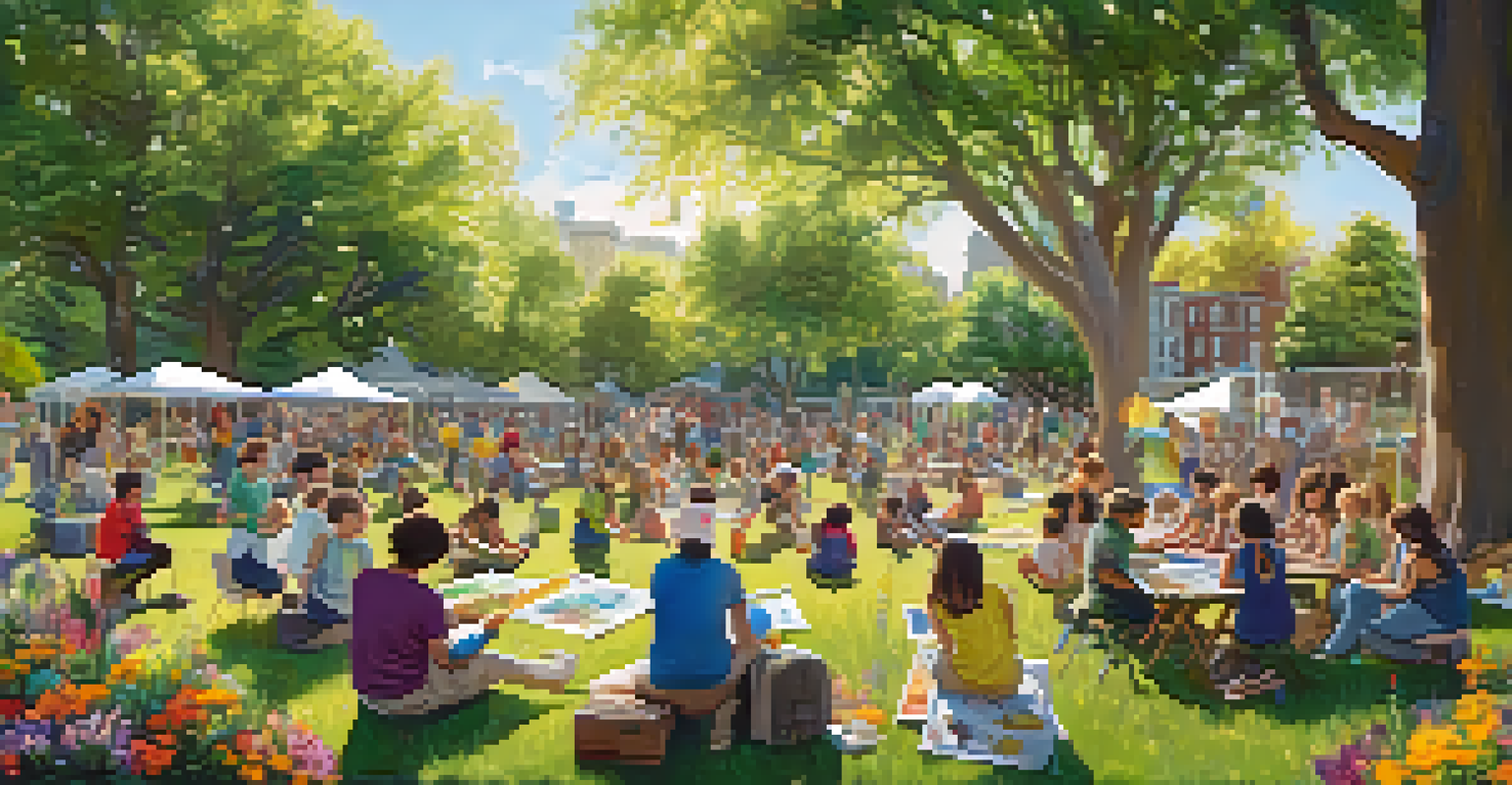 Artists of all ages collaborating on large murals in a sunny park, surrounded by nature, with children and adults painting together.