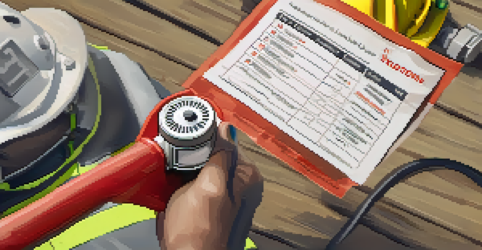 A firefighter holding a smoke detector with a home safety checklist in the background, emphasizing fire prevention.