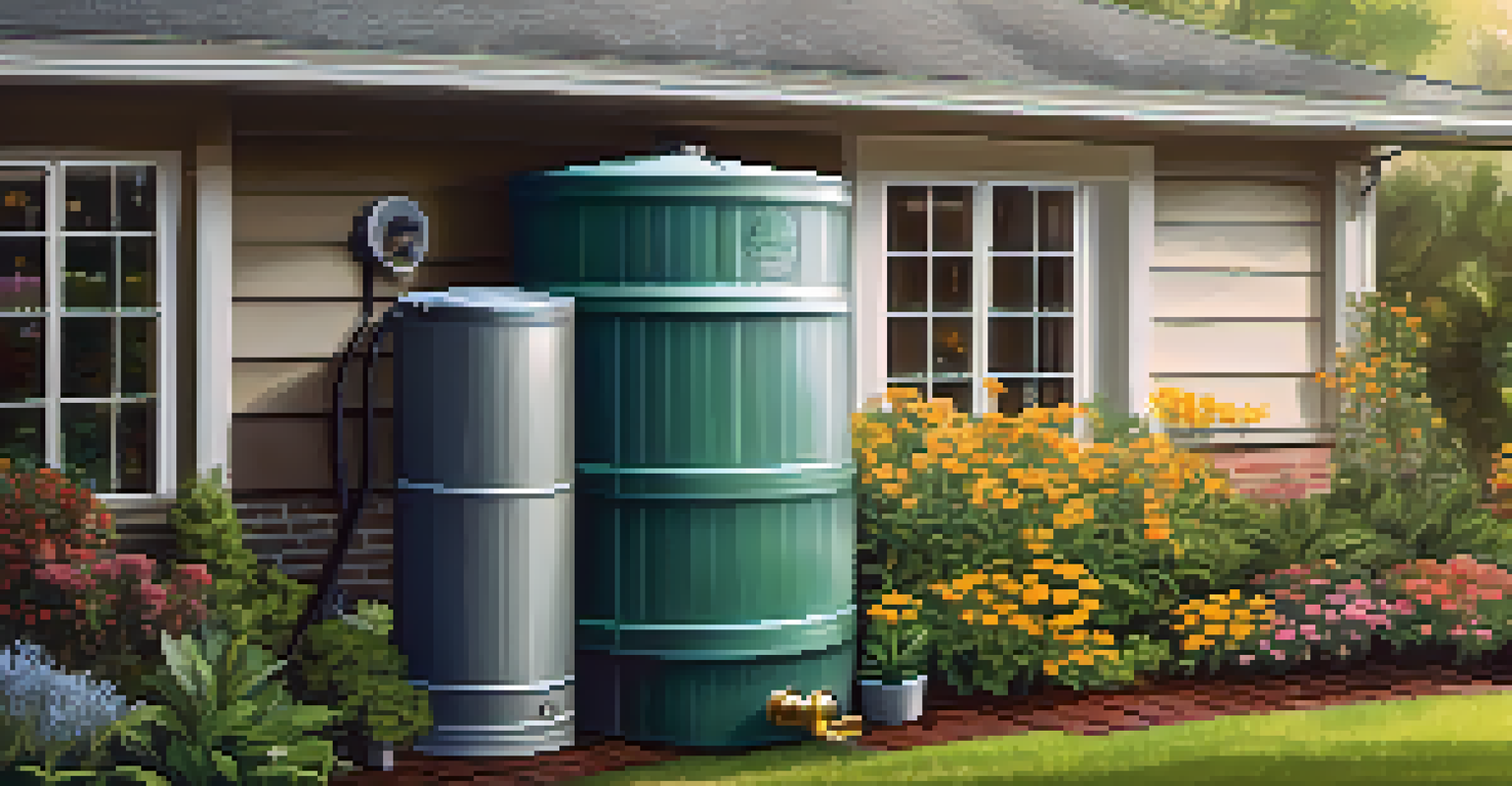 Close-up of a rainwater harvesting system with a rain barrel at a home, surrounded by a garden of native plants under sunny weather.